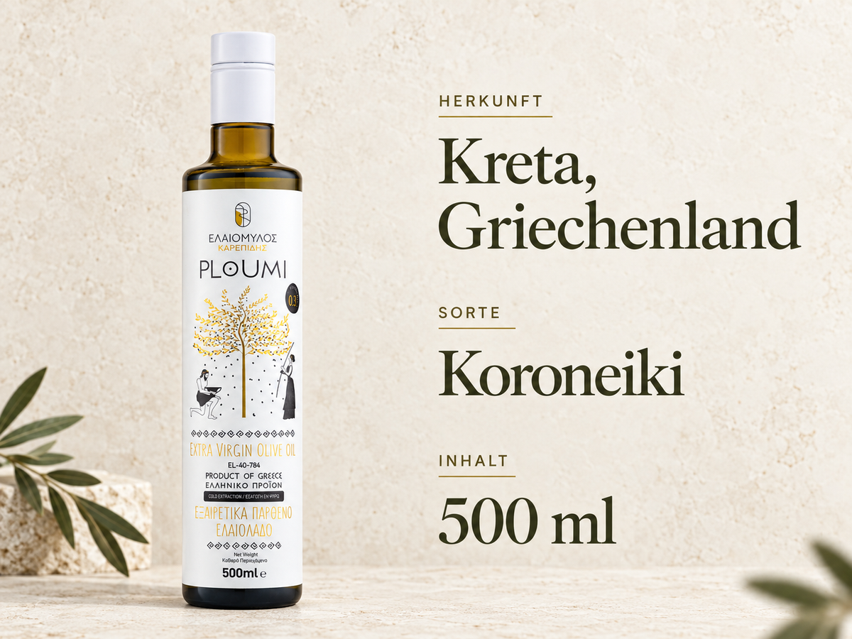 PLOUMI 500+ 500ml bottle with German text: origin Crete, Greece, Koroneiki variety, 500 ml