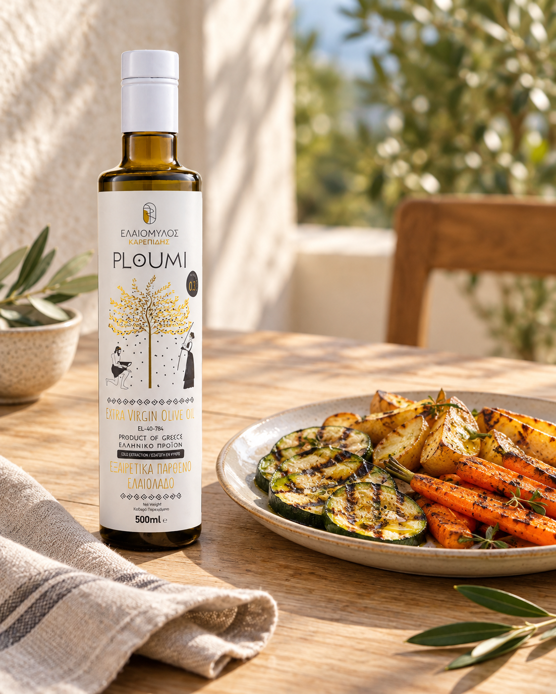 PLOUMI 500+ 500ml bottle on an outdoor table with a plate of grilled vegetables