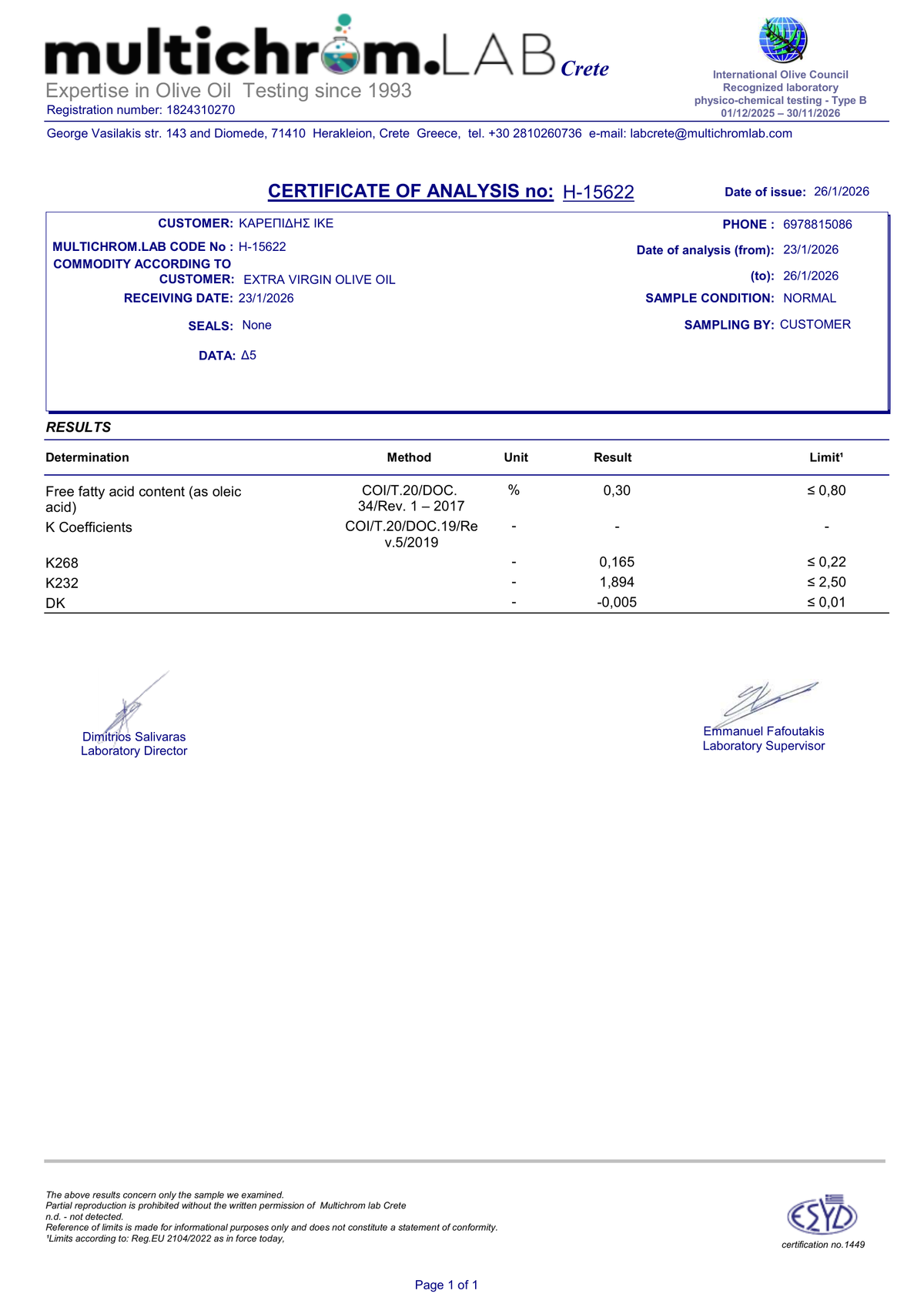 PLOUMI BIO 800+ chemical analysis, full certificate H-15622, sample D5, multichrom.LAB Crete, 26 January 2026. Acidity and UV absorption analysis, not a polyphenol report.