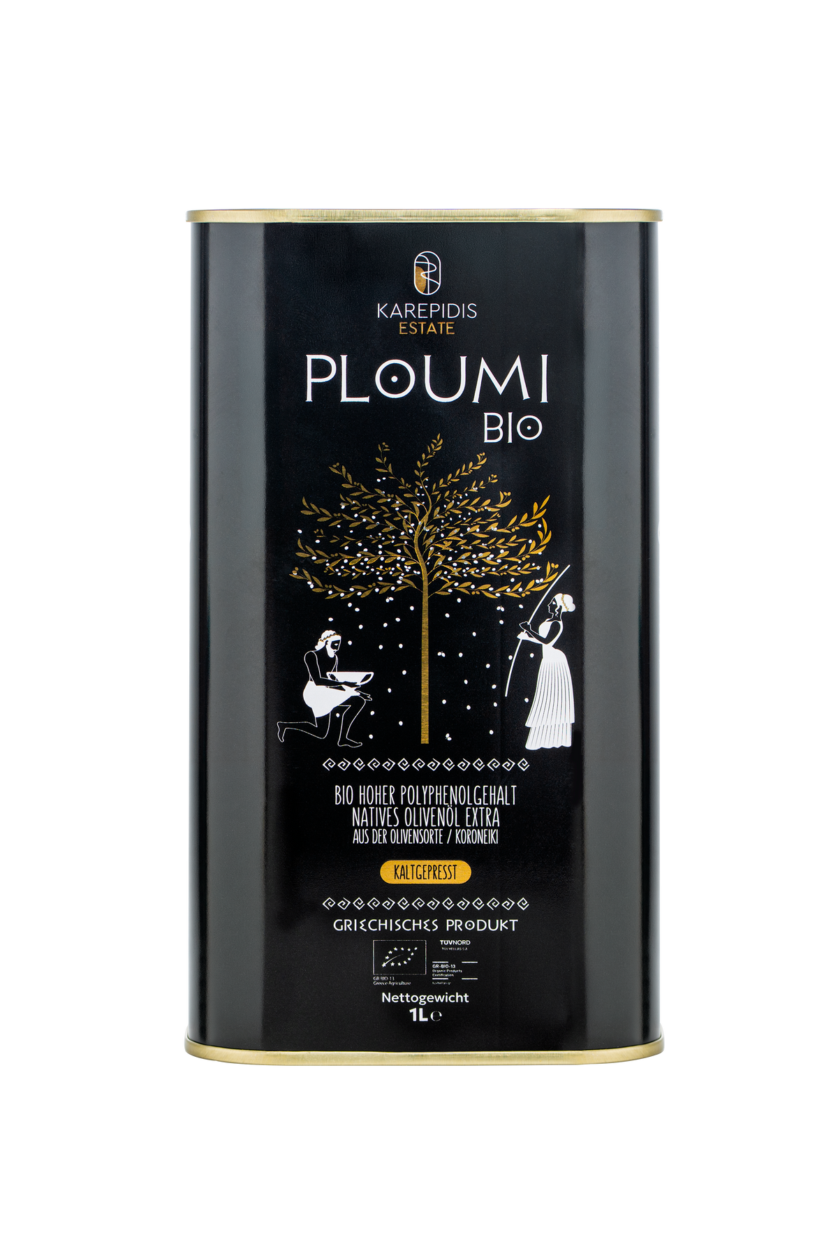 PLOUMI BIO 800+ organic extra virgin olive oil 1L tin with German label, front view