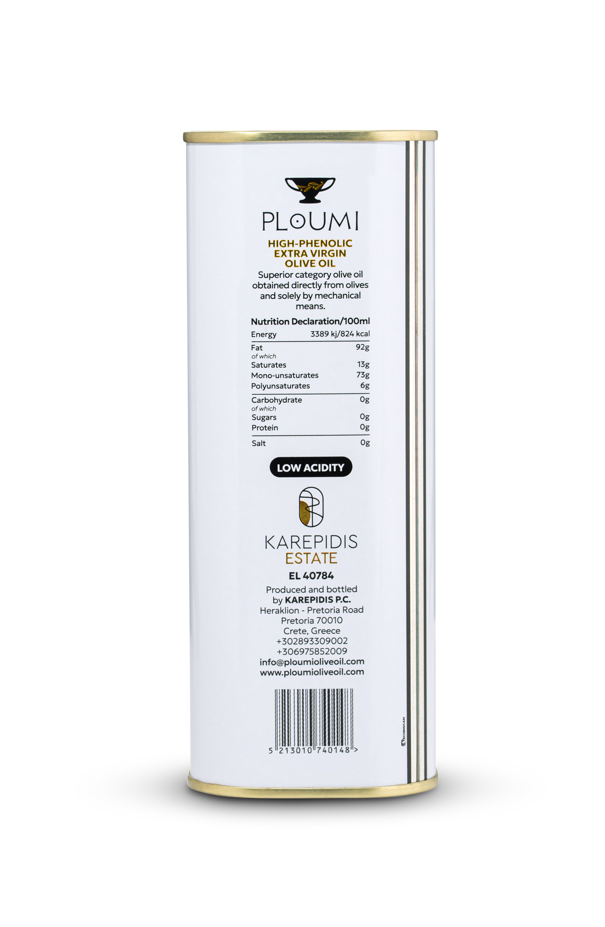 Back of the PLOUMI 500+ 1L tin with nutrition declaration and Karepidis Estate details