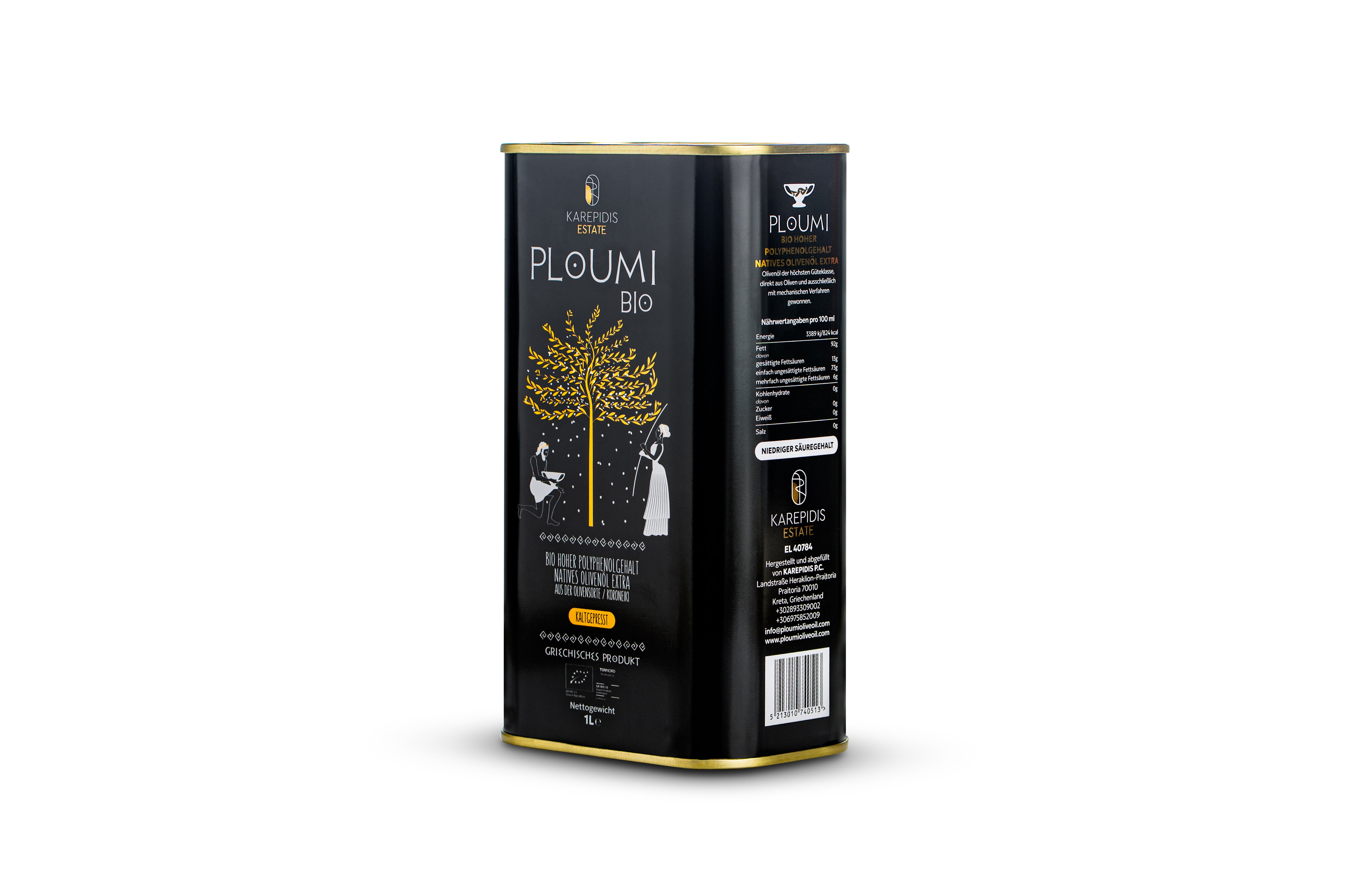 PLOUMI BIO | Organic Extra Virgin Olive Oil – Greek & Cretan – High Phenolic 800+ mg/kg – Cold Pressed – 1L Tin Canister