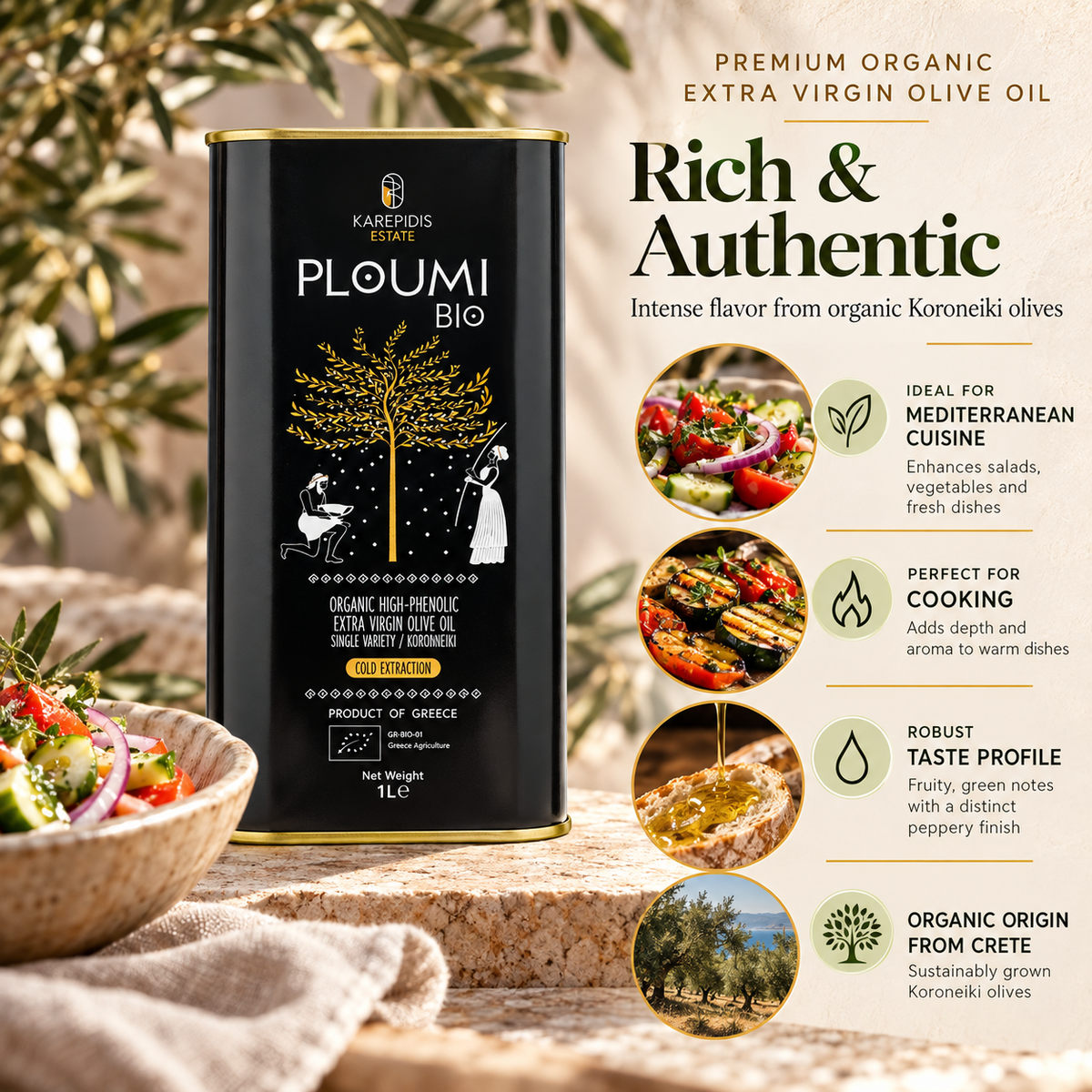 PLOUMI BIO 800+ 1L tin with a Mediterranean salad and serving ideas for organic Koroneiki olive oil