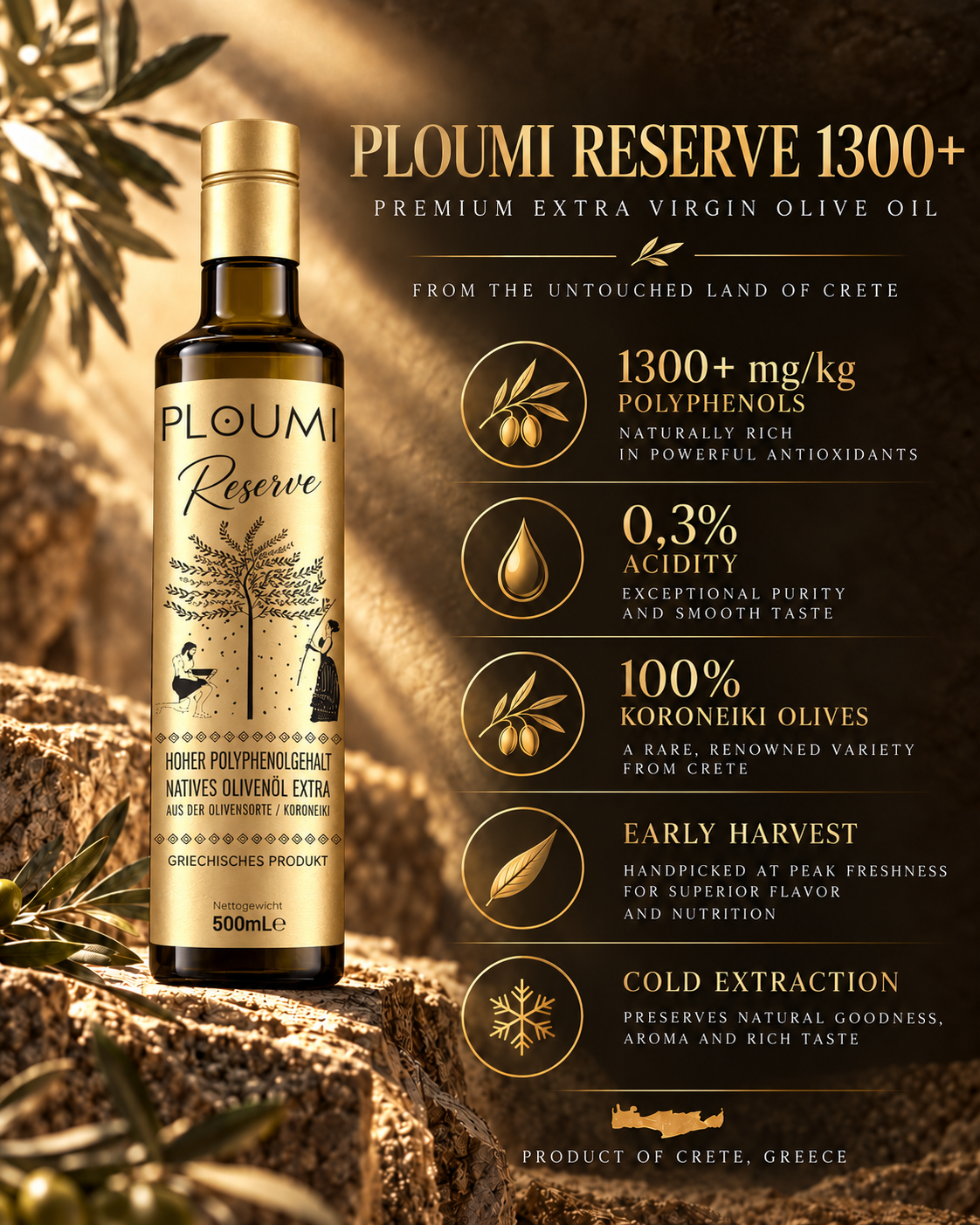 PLOUMI RESERVE 1300+ – Infografik mit goldener Flasche und Produkteigenschaften