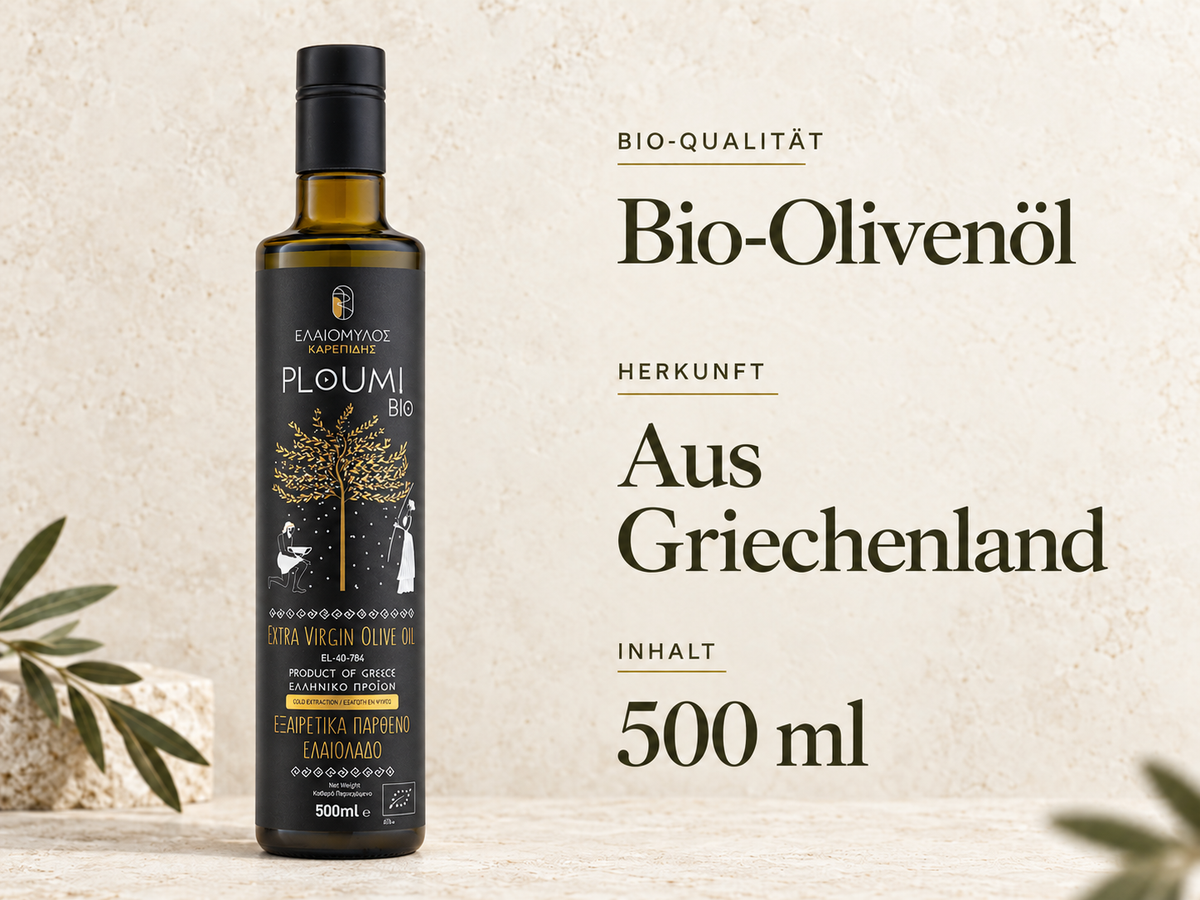 PLOUMI BIO 800+ 500ml bottle with German text: organic olive oil from Greece, 500 ml
