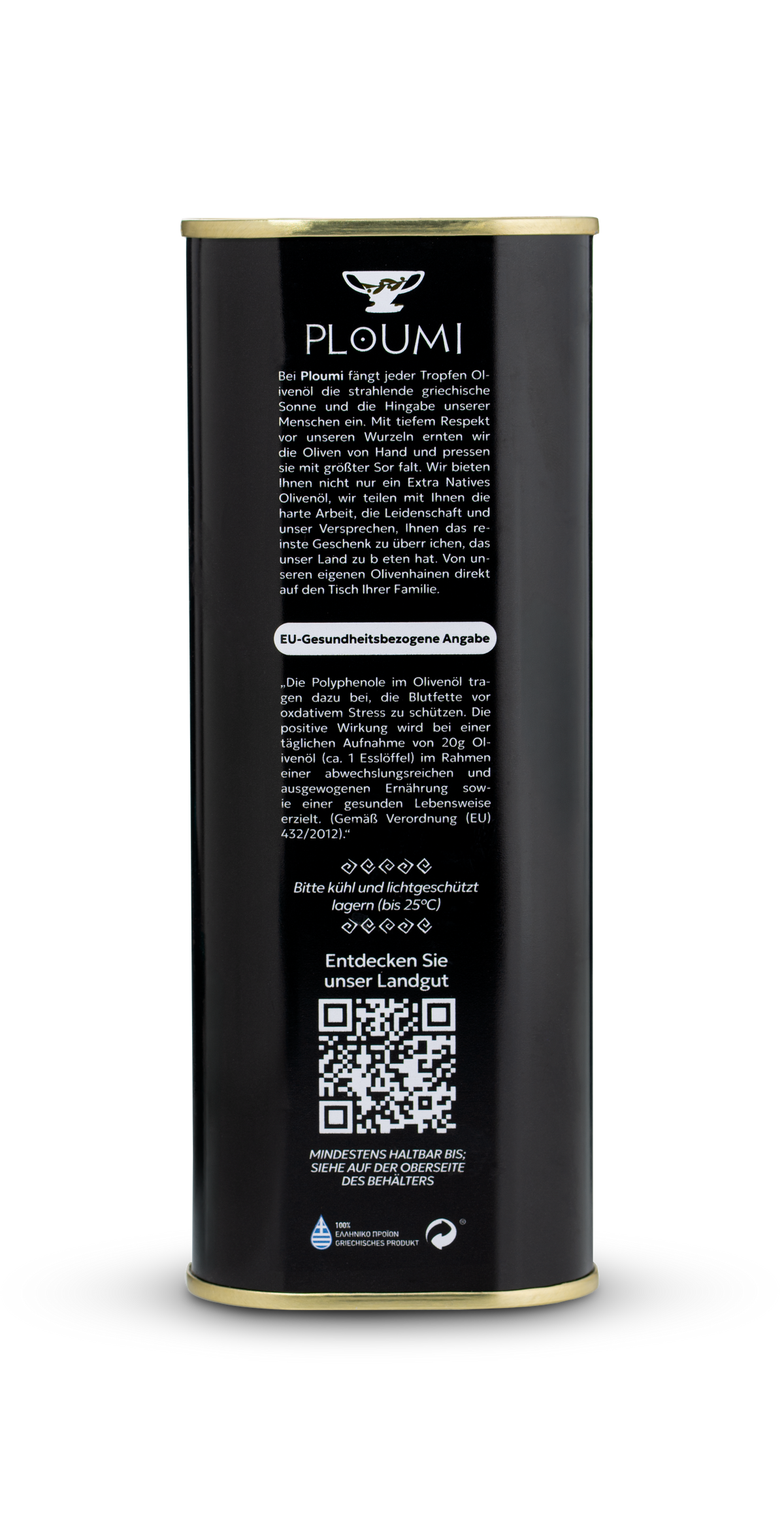 Back of the PLOUMI BIO 800+ 1L tin with product information and QR code