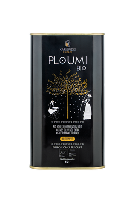 PLOUMI BIO 800+ organic extra virgin olive oil 1L tin with German label, front view