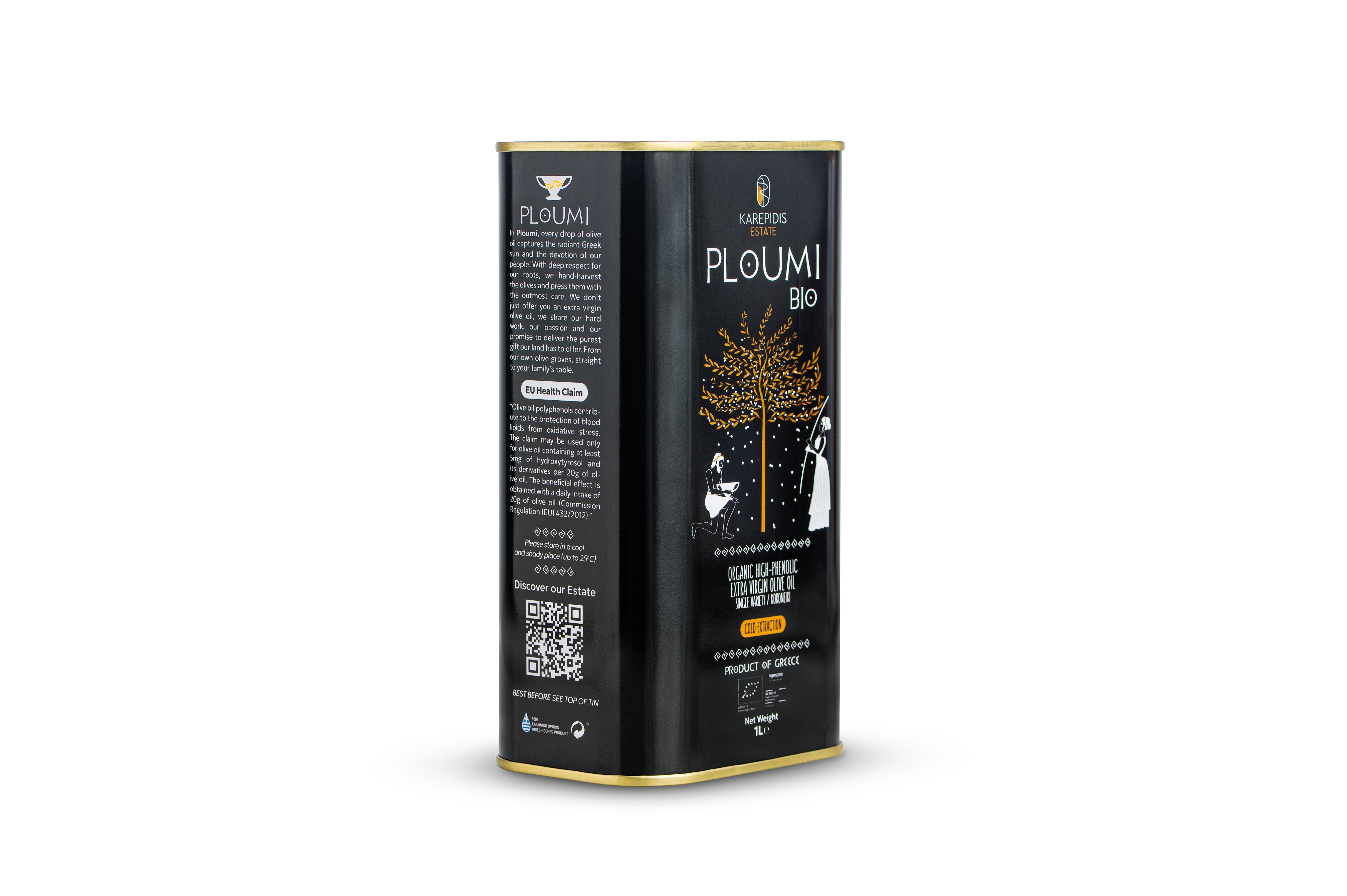 PLOUMI BIO | Organic Extra Virgin Olive Oil – Greek & Cretan – High Phenolic 800+ mg/kg – Cold Pressed – 1L Tin Canister