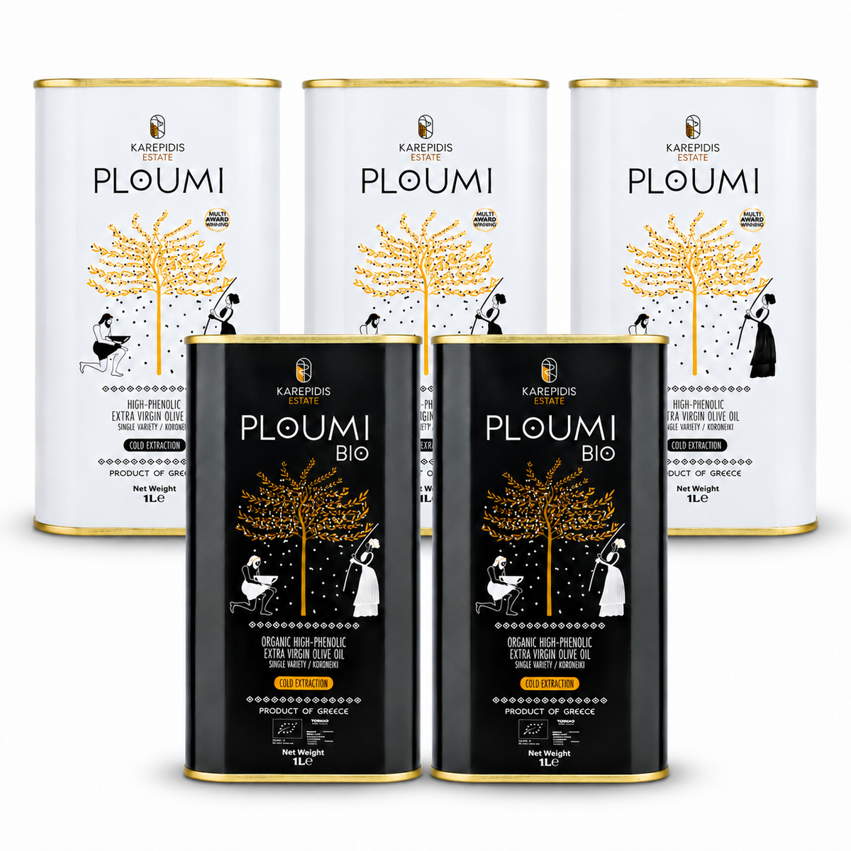PLOUMI mixed family pack with three PLOUMI 500+ tins behind and two BIO 800+ tins in front