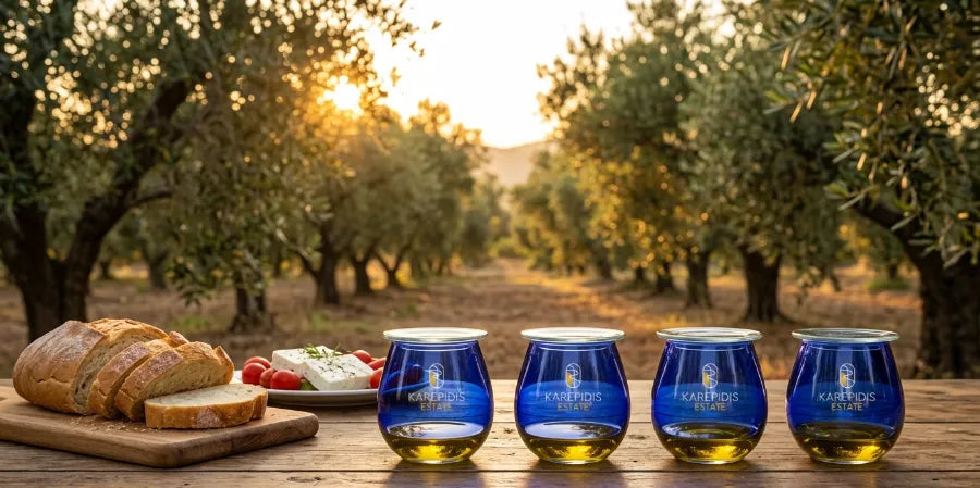Four blue Karepidis Estate tasting glasses of olive oil on a table with bread, feta, and tomatoes, set in the olive grove at sunset — olive oil tasting experience, Crete