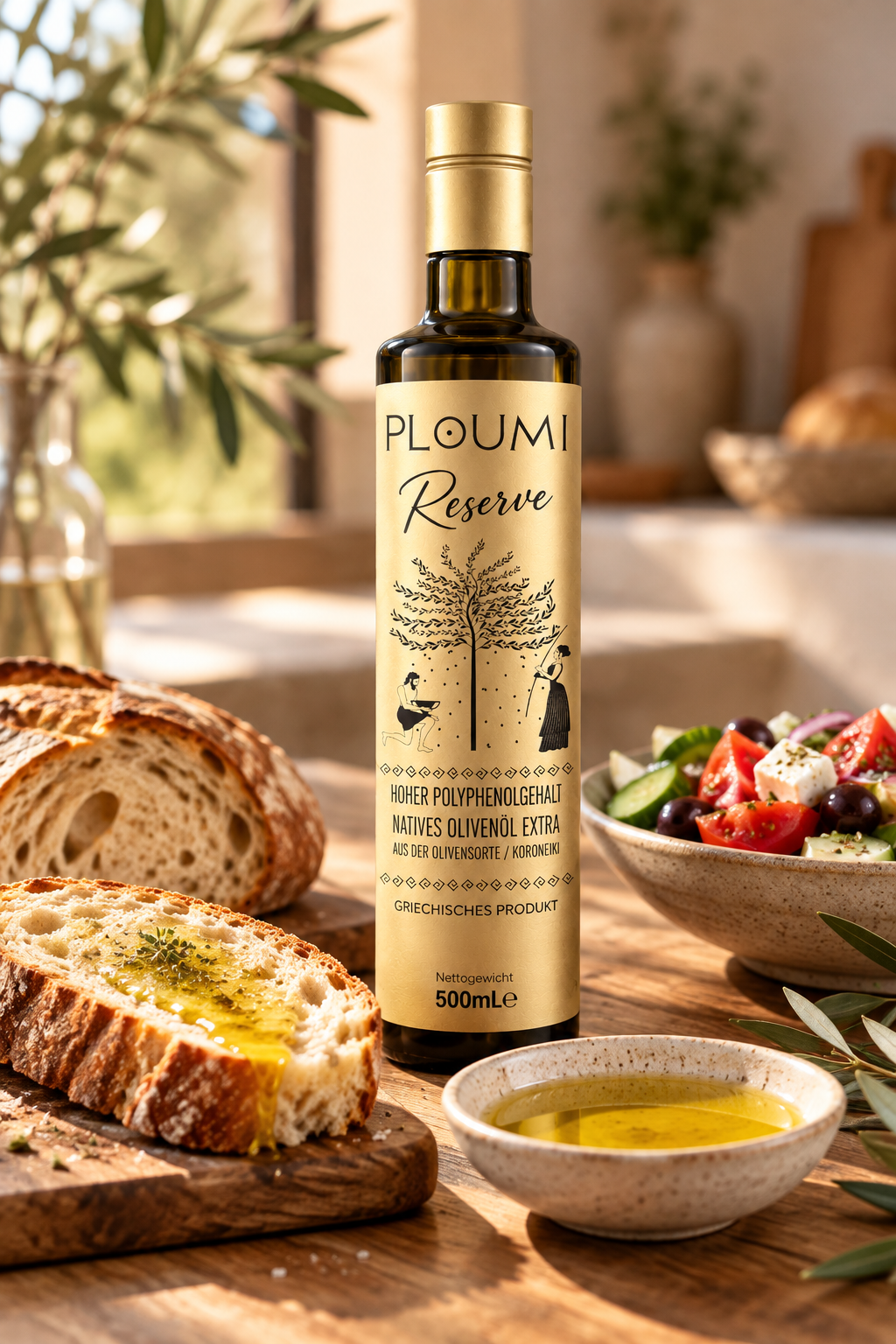 PLOUMI RESERVE 1300+ 500ml with bread and Mediterranean food